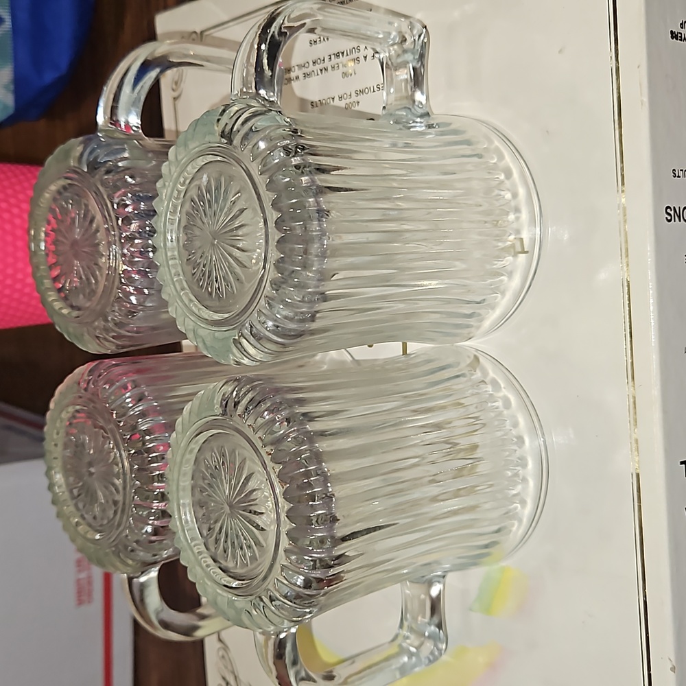 ANCHOR HOCKING Vintage Ribbed Clear Glass Coffee Tea Mugs/Cups-Starburst